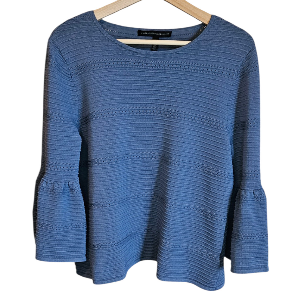White House Black Market Women's Blue Textured Bell Sleeve Knit Sweater Large